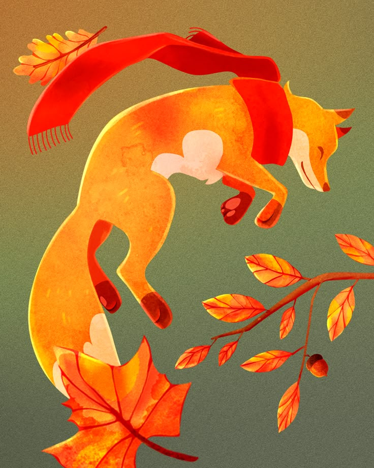 an illustration of a fox jumping off a tree branch with autumn leaves around its feet