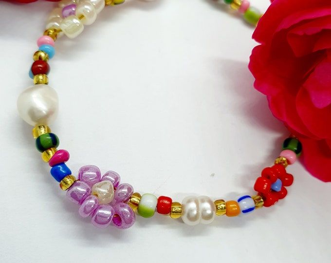 Colourful Beaded Daisy Bracelet/pearl and Beads Bracelet/pearl | Etsy Bohemian Bracelets With Flower Charm For Spring, Summer Flower Beaded Bracelets For Gifts, Handmade Flower-shaped Pearl Bracelet Gift, Handmade Flower-shaped Pearl Bracelet As A Gift, Colorful Beads Bracelets For Spring Gift, Spring Beaded Bracelets With Flower Charm As Gift, Summer Gift Beaded Bracelets With Spacer Beads, Spring Flower Charm Beaded Bracelets As A Gift, Beaded Bracelets As Spring Gift