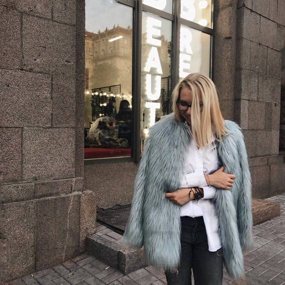 Cloudy blue faux fur coat/ Shaggy fake fur jacket/ Fluffy | Etsy Faux Fur Projects, Fur Projects, Blue Faux Fur Coat, Jacket Fluffy, Sewing Challenge, Fluffy Coat, Winter Outwear, Blue Coat, Blue Coats