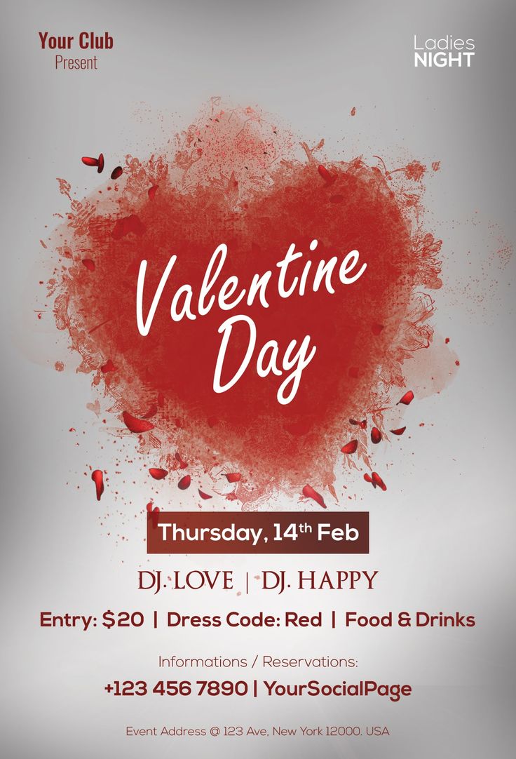 valentine's day party flyer with red paint splattered on the back and white lettering