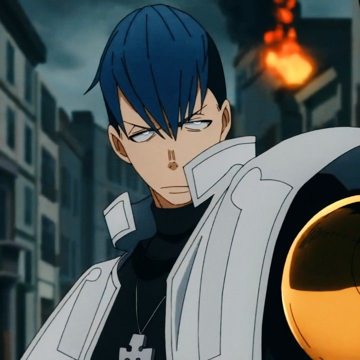 an anime character with blue hair and black eyes holding a large object in his hand