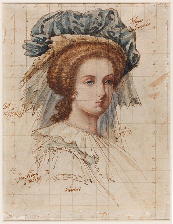 an old drawing of a woman wearing a blue bonnet and dress with ruffles on her head