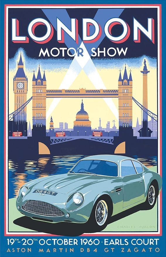 a poster advertising a motor show in london, england with a blue car and the tower bridge