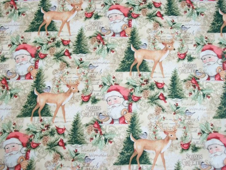 christmas fabric with santa claus and deer