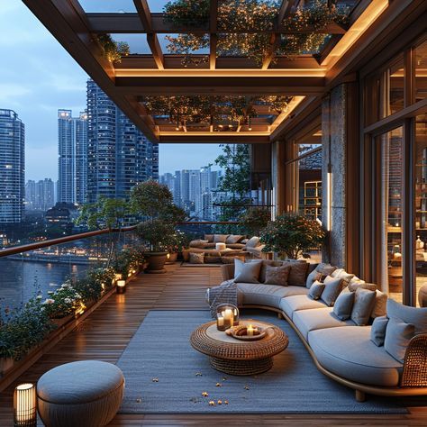 an outdoor living area with couches, tables and potted plants on the balcony