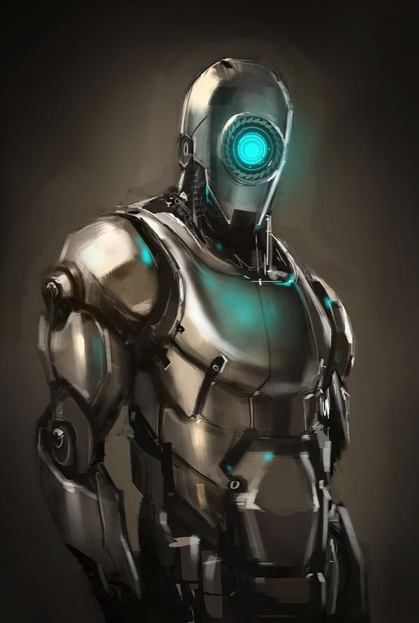 a robot with glowing green eyes standing in front of a black background and looking at the camera