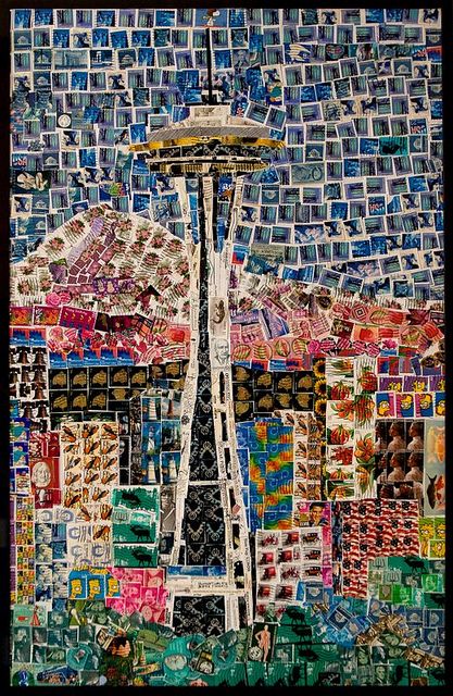 the seattle space needle art project is featured in this mosaic artwork by artist susan grisby