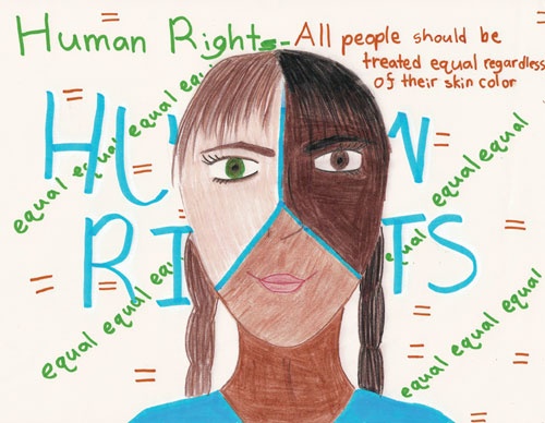 a drawing of a woman's face with the words human rights written on it