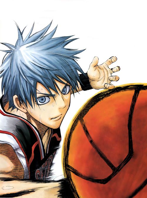 an anime character with blue hair holding a basketball in one hand and his right arm on the ground