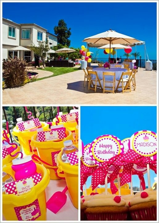 an outdoor birthday party with pink and yellow decorations