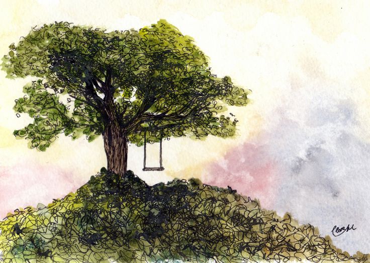 a painting of a tree on top of a hill with a swing hanging from it