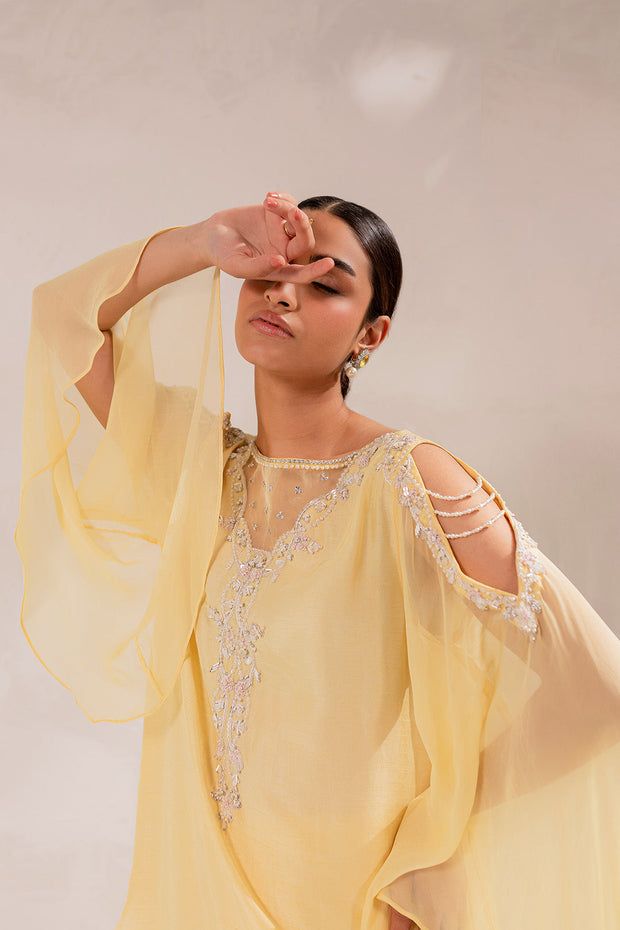 Ammara Khan, Floral Dupatta, Eid Dress, Dress Event, Yellow Design, Pearl Details, Eid Dresses, Elegant Attire, Yellow Fabric