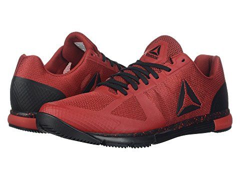 a pair of red and black running shoes