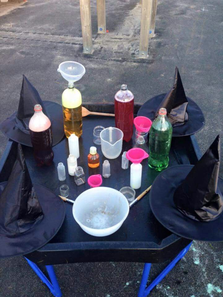 a table topped with lots of bottles and containers on top of a blue metal tray