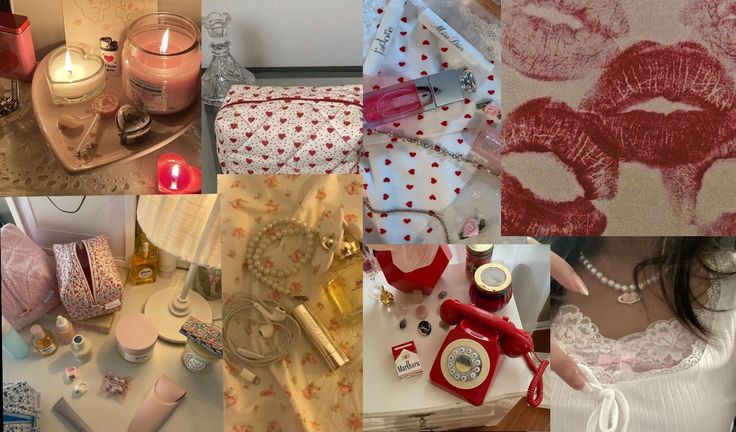 a collage of photos with candles, lipstick and other items on it's surface