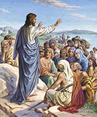 a painting of jesus standing in front of a group of people