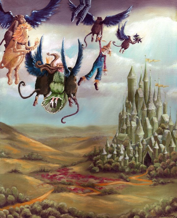 a painting of cats and birds flying over a castle in the sky with other animals