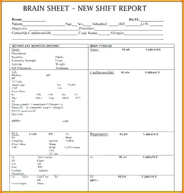 the brain sheet for new shift report is shown in black and white, with an image of