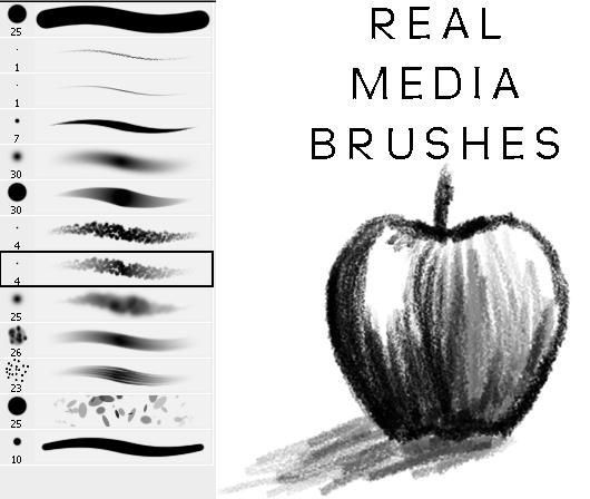 an apple is shown with the text real media brushes above it and below it, there are different types of brush strokes