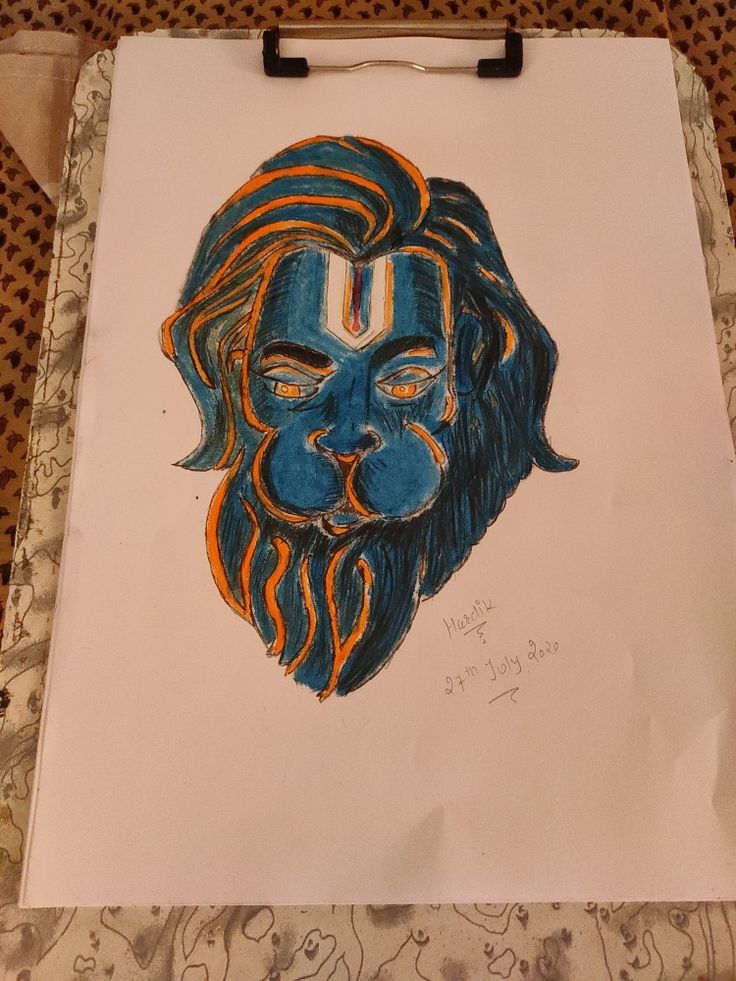 a drawing of a man's face with blue and orange stripes on his beard