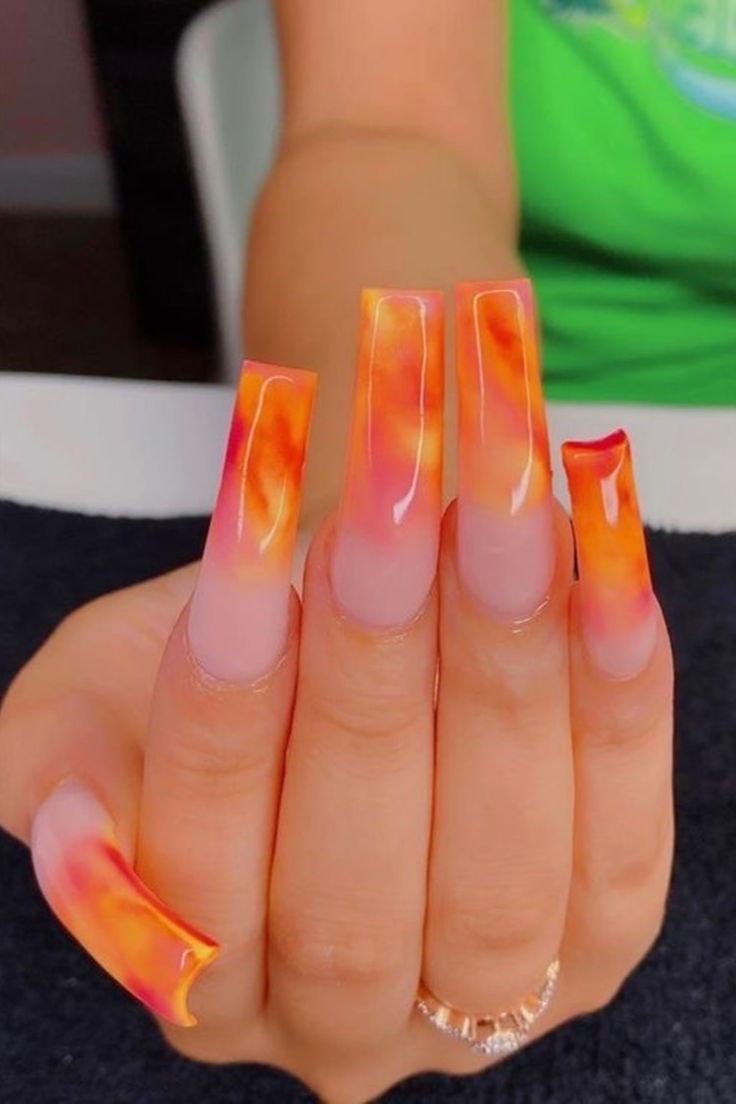 Marble Acrylic Nails, Orange Acrylic Nails, Orange Marble, Nails Orange, Ombre Acrylic Nails, Smink Inspiration, Long Square Acrylic Nails, Unique Acrylic Nails, Summer Acrylic Nails