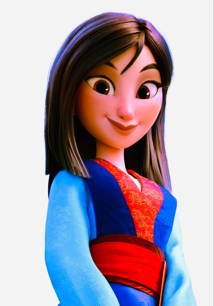 a cartoon character with long hair wearing a blue and red dress, standing in front of a white background