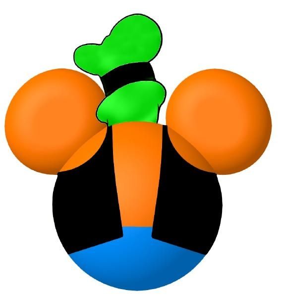 an orange and black mickey mouse head with green ears on it's back end