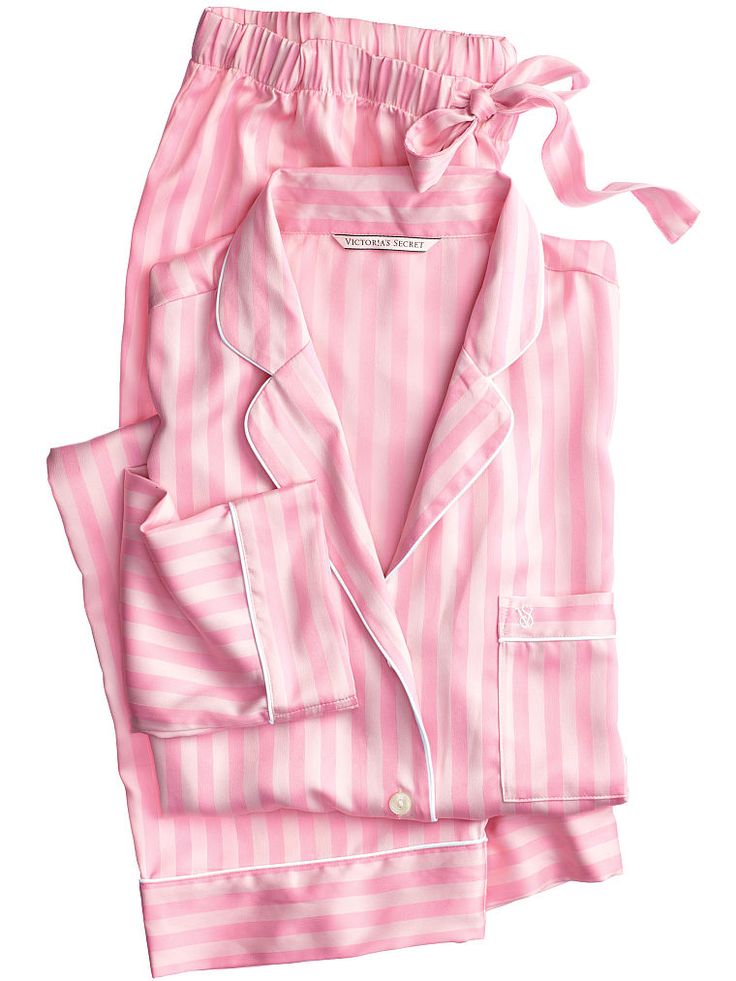 The Afterhours Satin Pajama in Pink Stripe $69.50- Victoria's Secret Victoria Secret Pyjamas, Pajamas For Teens, Pijamas Women, Silk Clothes, Victoria Secret Pajamas, Satin Pajama, Silk Pajama Set, Trendy Swimwear, Silk Lingerie