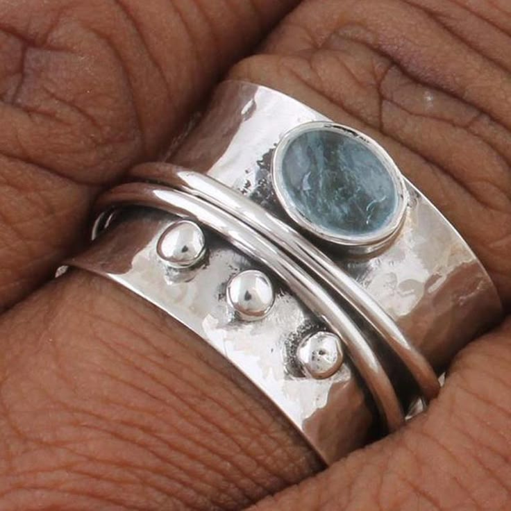 Aquamarine Spinner Ring 925 Sterling Silver Ring Meditation | Etsy Christmas Boho, Sterling Silver Thumb Rings, Thumb Rings Silver, Gemstone Ring Silver, Antique Silver Rings, Natural Gemstone Ring, Silver Spinner Rings, Thumb Ring, Statement Ring Silver