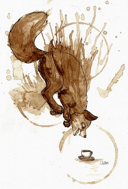 a drawing of a squirrel eating something out of a cup