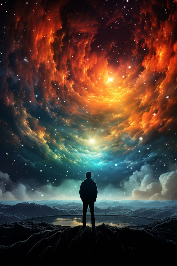 a man standing on top of a hill under a sky filled with stars and clouds