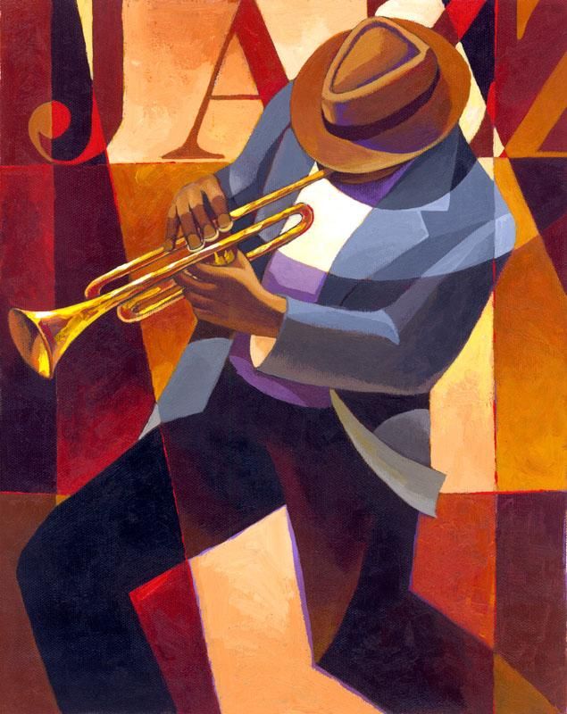 a painting of a man playing a trumpet