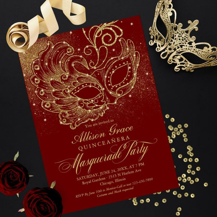 Burgundy Gold Quinceanera Masquerade Invitation | Zazzle | Masquerade ...