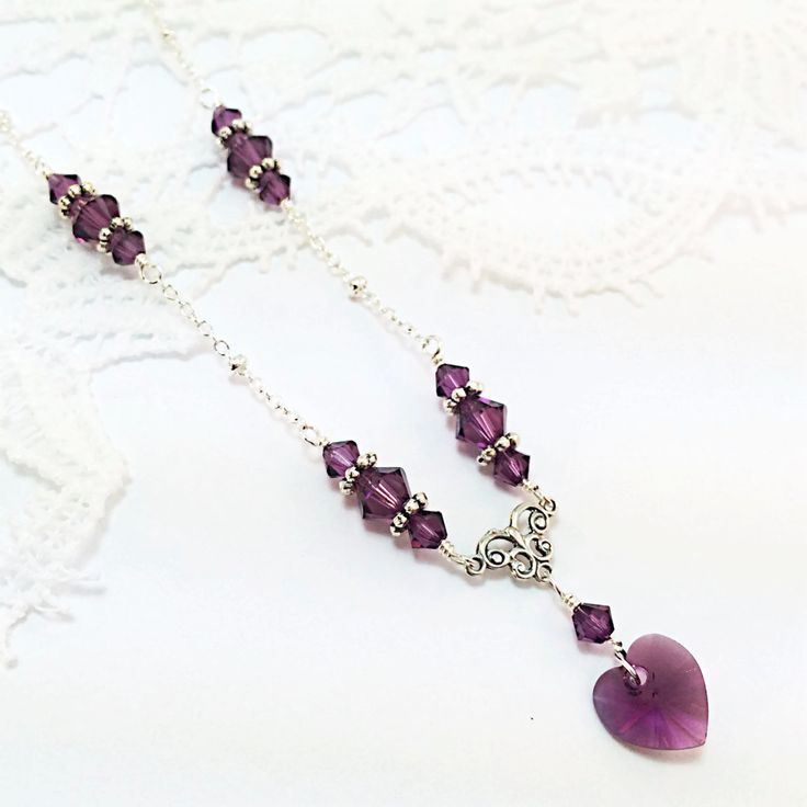 New Swarovski Amethyst Heart Charm Crystal by HisJewelsCreations Birthstone Necklace Mothers, February Birthstone Necklace, Amethyst Heart, Filigree Necklaces, Sterling Silver Filigree, February Birthstone, Christmas Jewelry, Silver Filigree, Birthstone Necklace