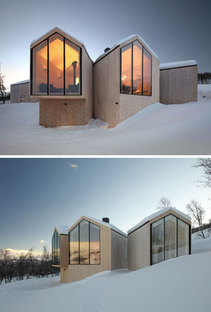 two pictures of the same house in winter