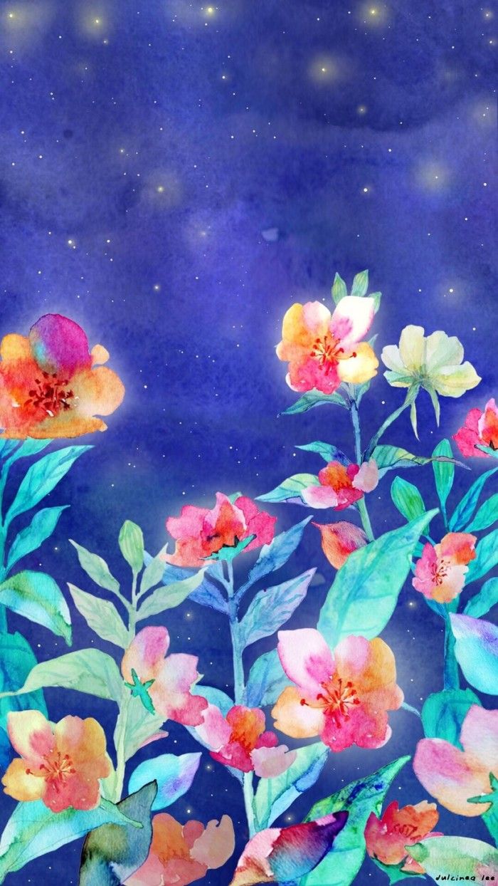 watercolor painting of flowers and stars in the night sky, with blue hues