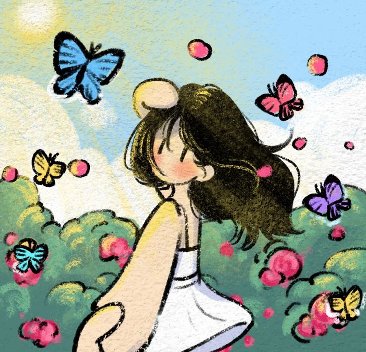 a drawing of a girl in a white dress with butterflies flying around her and behind her