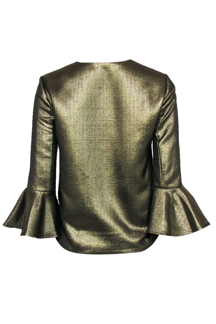 Go for gold with this dazzling blouse from BCBG Max Azria! Made with a super shiny metallic design and posh bell sleeves, this textured beauty is perfect for bringing a little razzle dazzle to your next holiday soiree. Pair with a flared skirt and sparkly tights and you'll be sipping eggnog and mingling under the mistletoe in no time! Size XS Shell: 47% Polyester, 38% Cotton, 15% Metallic Lining: 100% Polyester Notch neckline Cropped bell sleeves Textured design Bust 37" Waist 40" Sleeve length Formal Gold Padded Blouse, Glamorous Festive Blouse For Fall, Chic Sheen Tops For Fall, Elegant Long Sleeve Tops With Sheen, Glamorous Padded Blouse For Fall, Chic Shiny Tops For Party Season, Glamorous Padded Blouse For Evening, Glamorous Padded Blouse Tops For Fall, Chic Metallic Tops For Party Season