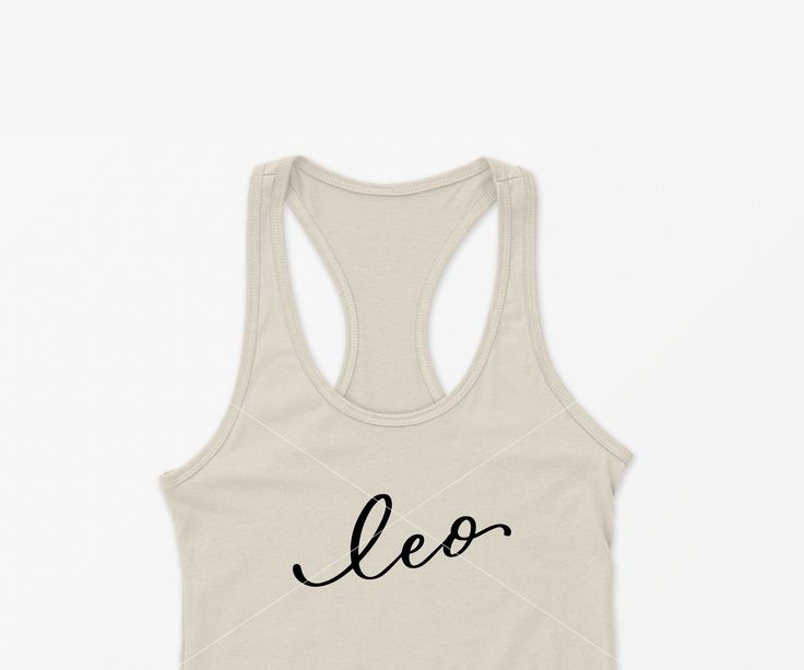 a white tank top with the word leo written in cursive writing on it