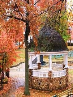 a gazebo in the middle of a park surrounded by trees with fall leaves on it