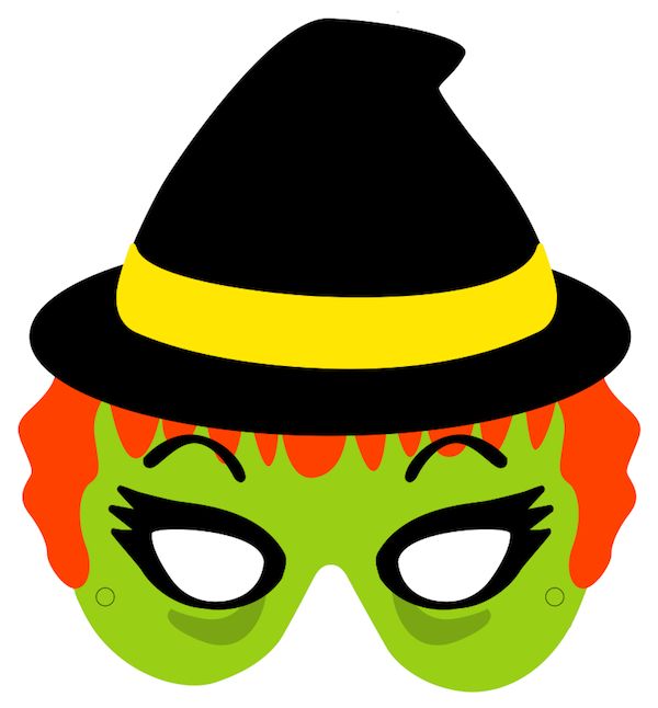 a green mask with orange hair and a black hat