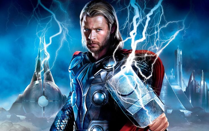 a man dressed as thor with lightning in the background