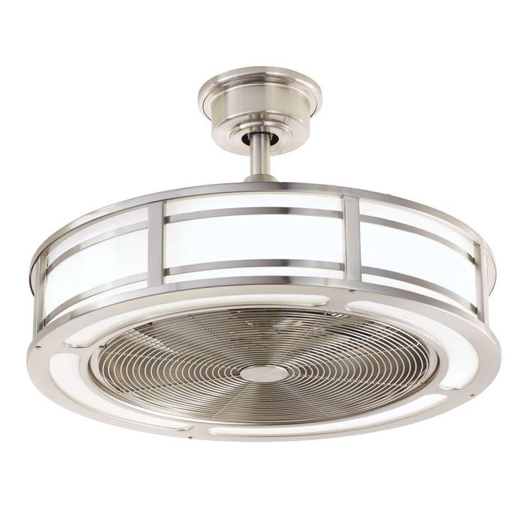 a ceiling fan that is on top of a light fixture with a circular glass shade