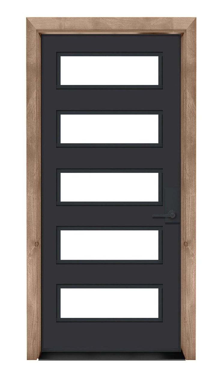 a black door with three horizontal bars on the front and side panels, in an unfinished wood frame