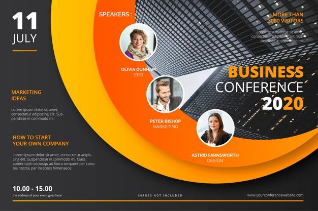 an orange and black business conference flyer with three people in the center, on a dark background