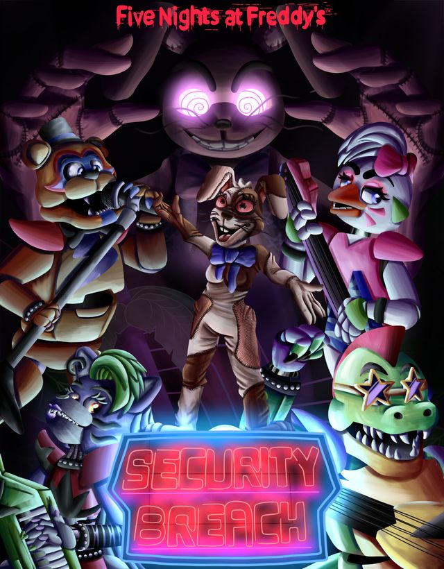 five nights at friday's security beach poster with cartoon characters in front of a neon sign