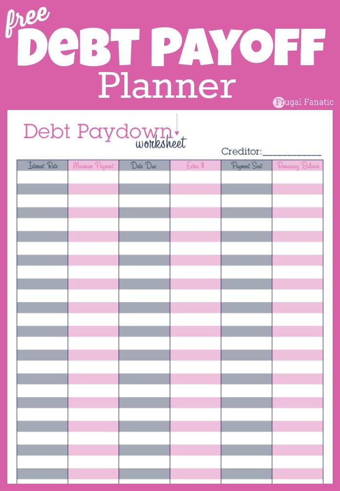 the debt payoff planner is shown in pink and grey stripes, on a white background