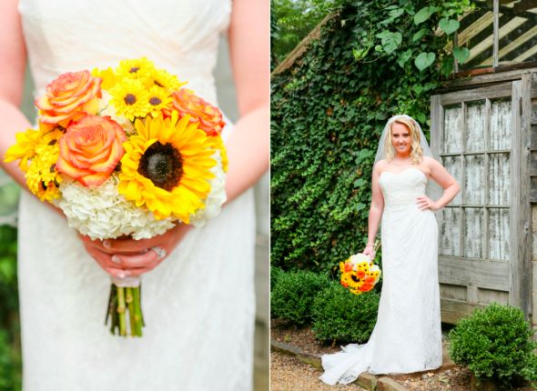 a woman in a white dress holding a yellow and orange bouquet next to a photo of a bride