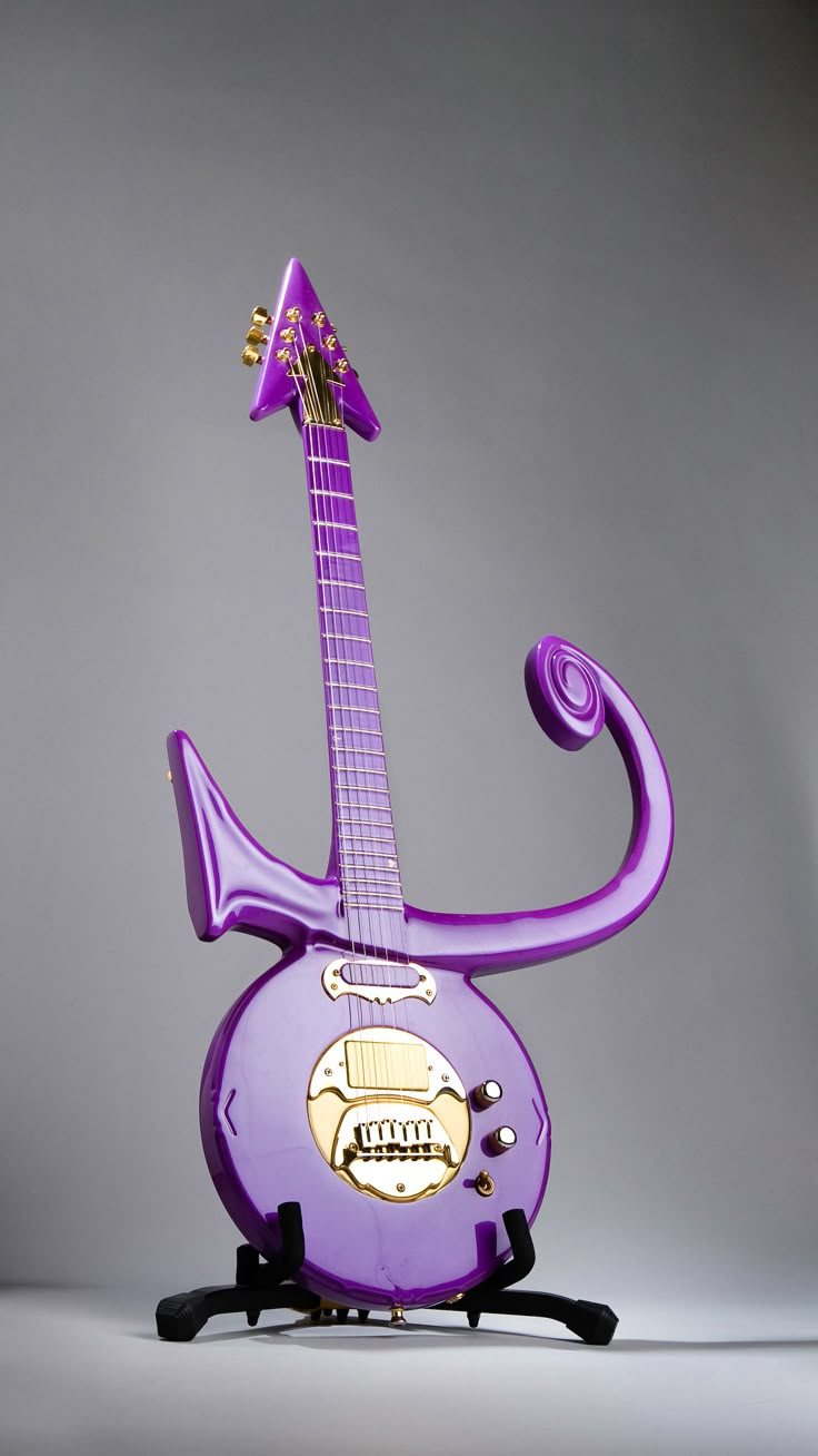 the purple guitar is shaped like an animal