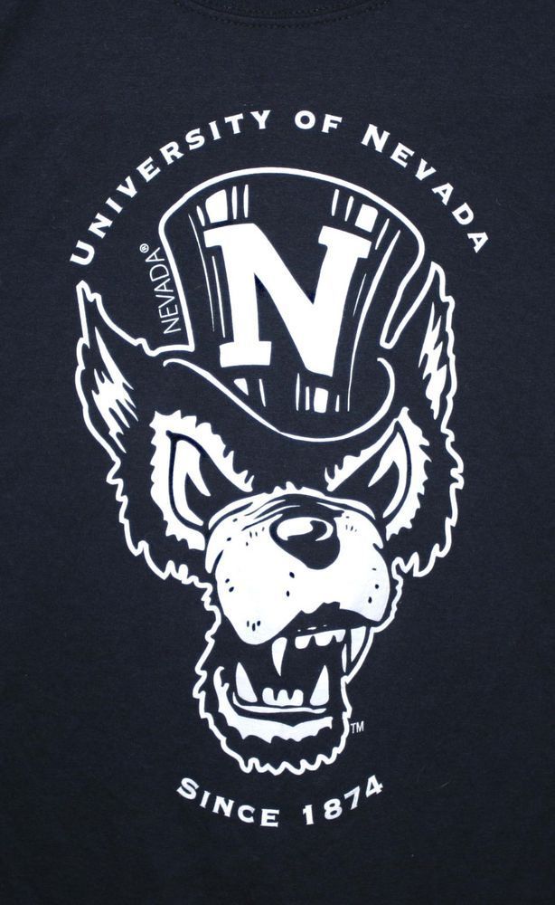 the university of nevada t - shirt is black with white lettering and a bear wearing a top hat